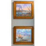 A pair of maple framed gouache on paper of mount Vesuvius and the Bay of Naples, frame size 33 x