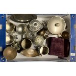 A box of pewter and mixed metalware.