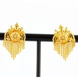 A pair of heavy yellow metal (tested high carat gold, approx. 22ct) tassel stud earrings, L. 3cm.