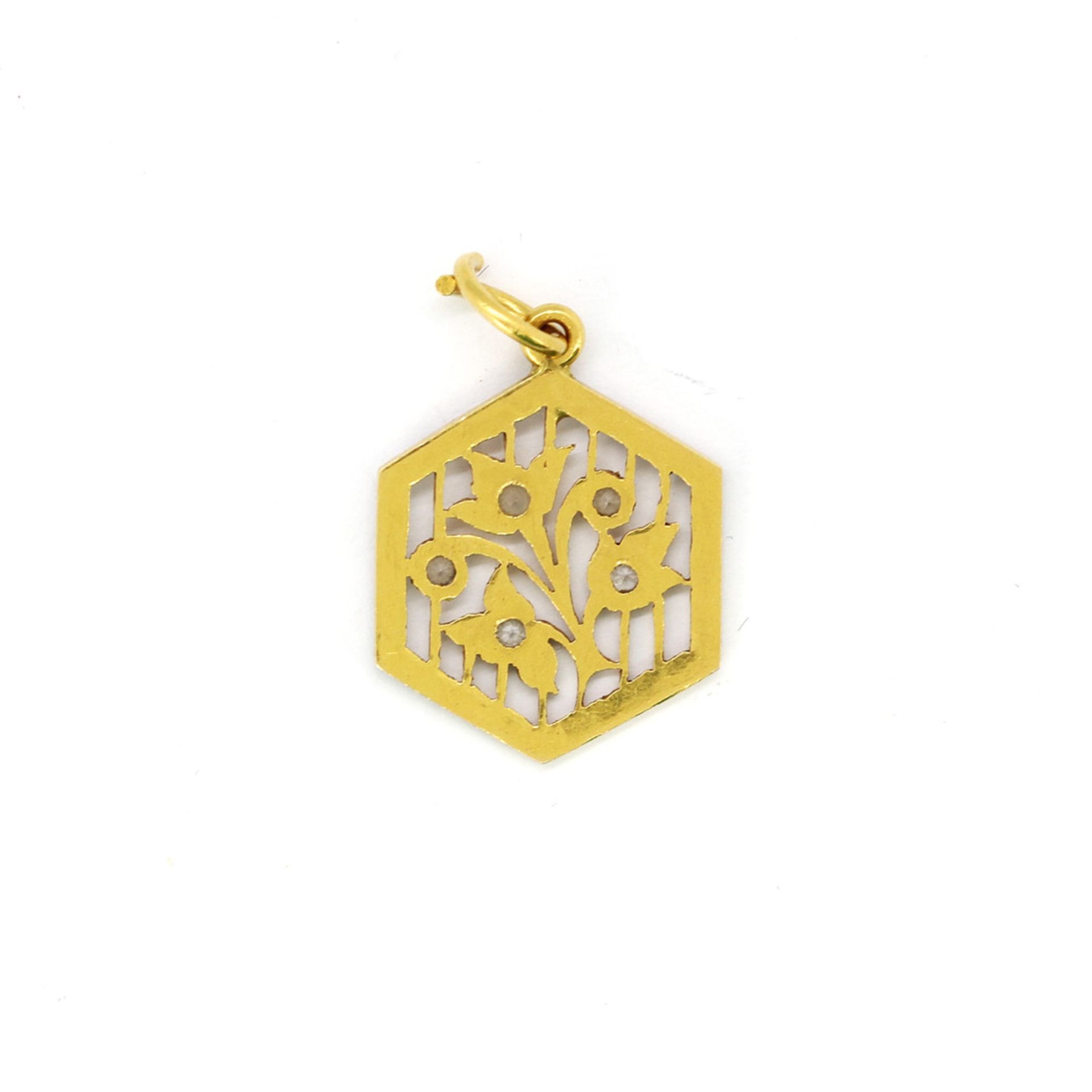A yellow metal (tested high-carat gold) flower pendant set with round cut white sapphires, L. 2. - Image 2 of 2