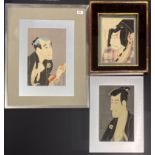 A group of three Japanese woodblock prints of Samurai warriors, two framed and one unframed.,