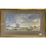 A gilt framed watercolour of a steam sailing ship in rough sea initialled CCB, frame size 76 x 46cm,