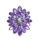 A 925 silver large cluster ring set with a cabochon cut opal and amethyst, (O), 2.8 x 2.3cm.