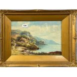 A lovely gilt framed watercolour of a thatched cottage beside the sea signed J.Brill, frame size