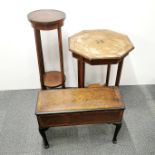 An octagonal inlaid two-tier side table together with an inlaid oak sewing box and an oak plant