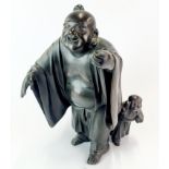 A large 19th century Japanese bronze figure of Hotei with a sack and a young acolyte, H. 35cm. A/F