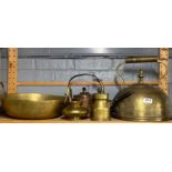 A large eastern brass kettle and other items, kettle W. 40cm.