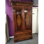 A superb 19th C rosewood veneered and inlaid two door wardrobe cabinet with single drawer, W.