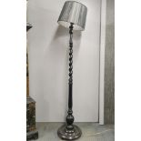 A black painted, barley twist standard lamp and shade, total H. 178cm.