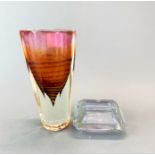 An impressive cut crystal Vortex vase, H. 26cm. together with an amethyst colour cut crystal ash