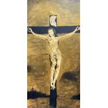A large contemporary oil on canvas diptych of the crucified Christ, 91 x 184cm.