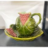A West German ceramic leaf bowl and wine jug, bowl W. 32cm.