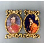 Two reproduction gilt framed miniatures of men in military uniform, H. 24cm.