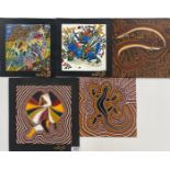 A group of five Aboriginal paintings on board signed Adinjii, largest 32 x 32cm. Two additionally