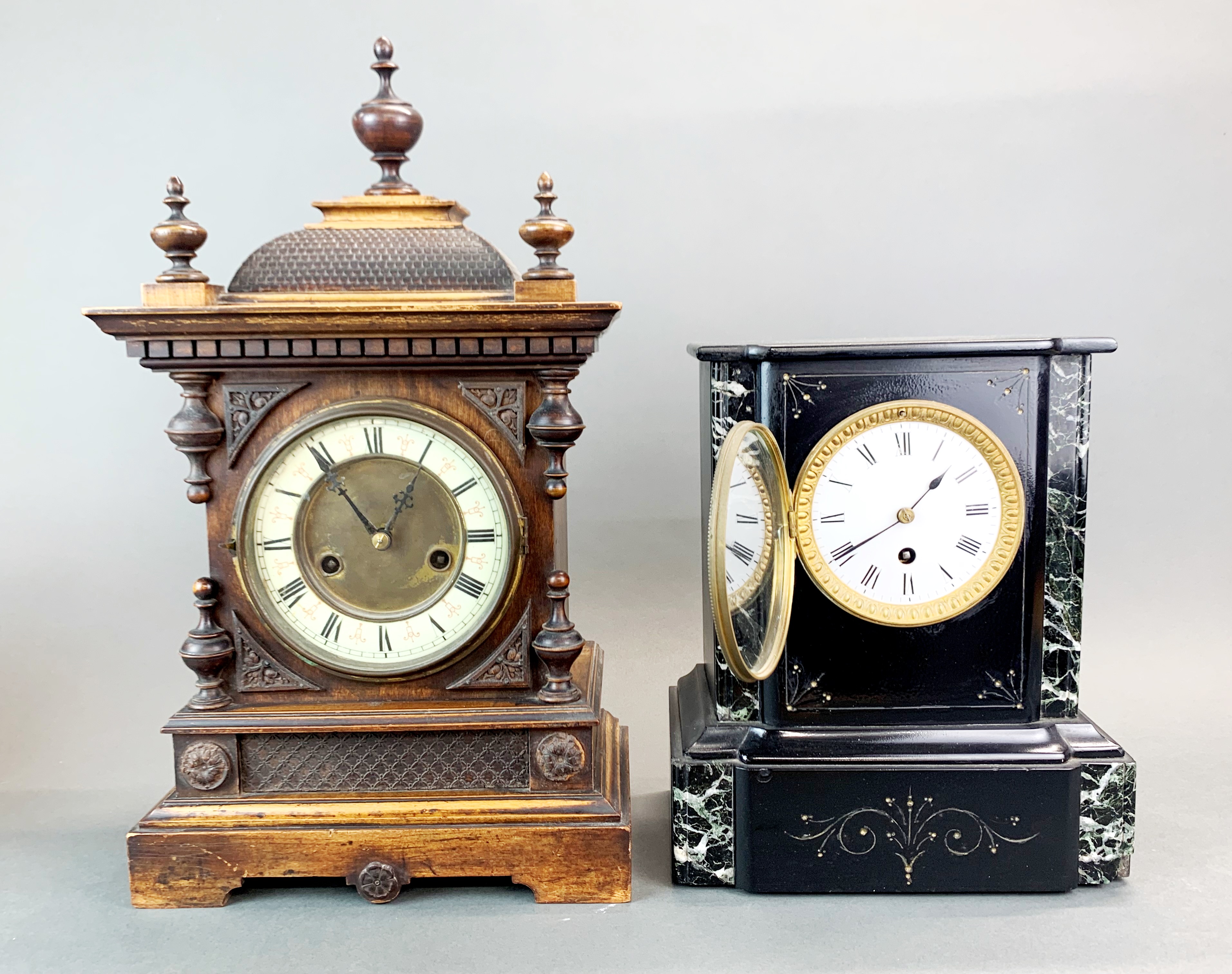 A 19th Century wooden striking mantle clock, H. 45cm. together with a French marble and slate mantle - Image 2 of 7
