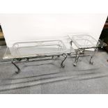 A wrought metal and glass coffee table with matching side table, coffee table 121 x 61 x 47cm.