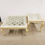 A square coffee table with floral carved decoration and plate glass top, 96 x 96 x 45cm together