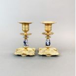 A pair of 19th Century porcelain and brass candlesticks, H. 14cm.