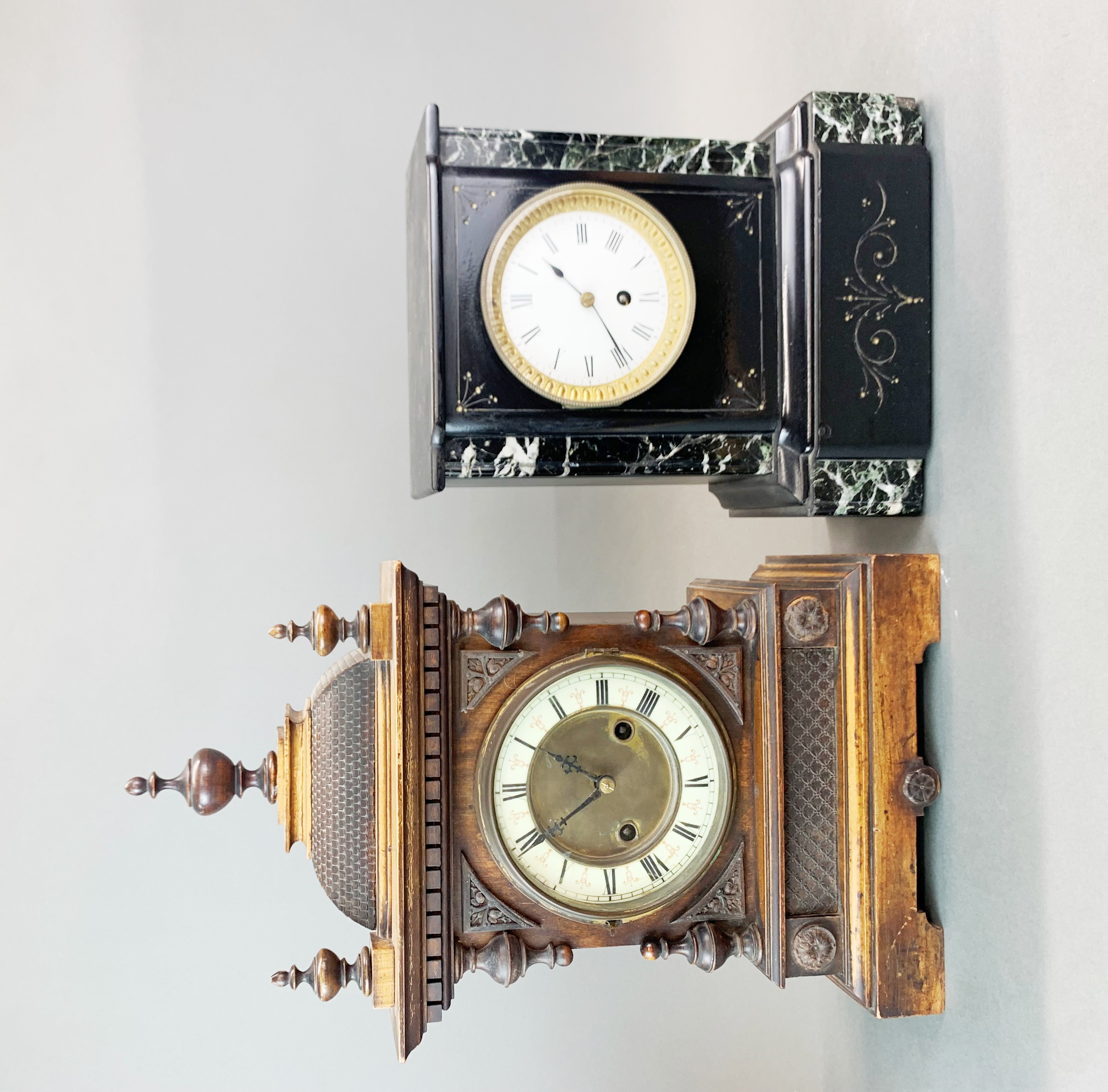 A 19th Century wooden striking mantle clock, H. 45cm. together with a French marble and slate mantle