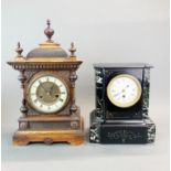 A 19th Century wooden striking mantle clock, H. 45cm. together with a French marble and slate mantle