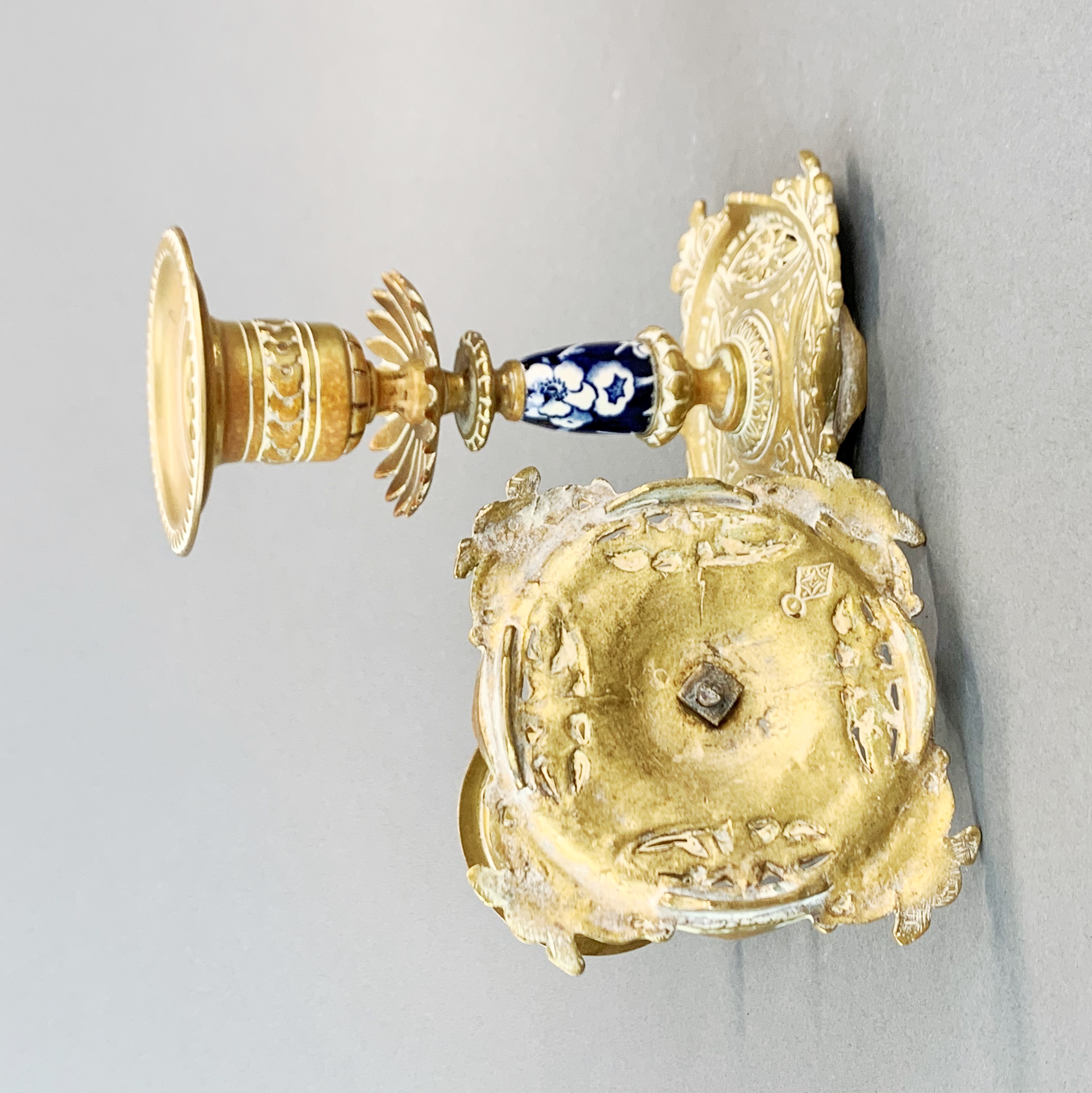 A pair of 19th Century porcelain and brass candlesticks, H. 14cm. - Image 3 of 3
