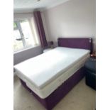A purple suede electric double bed and matching headboard with two single mattresses.