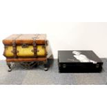A decorative metal bound treasure chest, 45 x 30 x 37cm. Together with a Marilyn Monroe case.