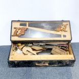 A vintage pine tool box and contents, 82 x 18 x 40cm.