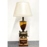 An unusual coffee grinder table lamp with shade, H. 83cm.