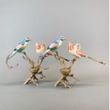 A pair of Continental porcelain and ormolu figures of birds on branches, H. 24cm.