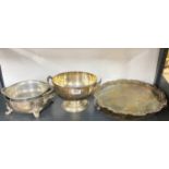 A group of mixed silver plate, including a tray engraved with signatures of the players in the