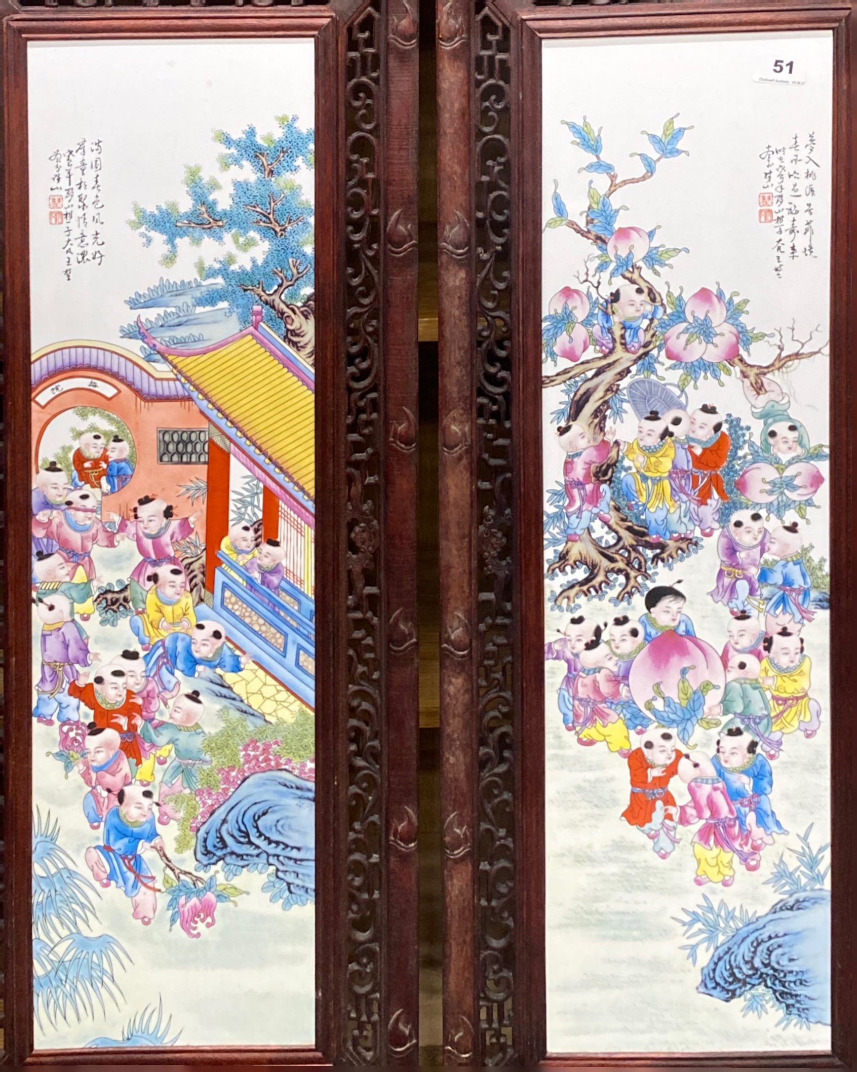 Two Chinese framed porcelain panels, frame size 120 x 36cm. - Image 2 of 2