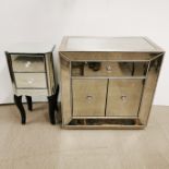 A modern mirrored cabinet, 82 x 82 x 46cm together with a modern two drawer mirrored bedside