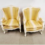A pair of French style painted and upholstered armchairs, H. 102cm.