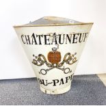 A large steel advertising grape hopper with leather straps for Chateauneuf du-Pape, W. 60cm. H.