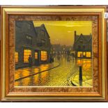John Pryde: framed oil on canvas of a Victorian night time street scene, frame size 75 x 66cm.