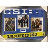 Autograph interest: Three framed autographed coloured photographs of lead characters in CSI, 81 x