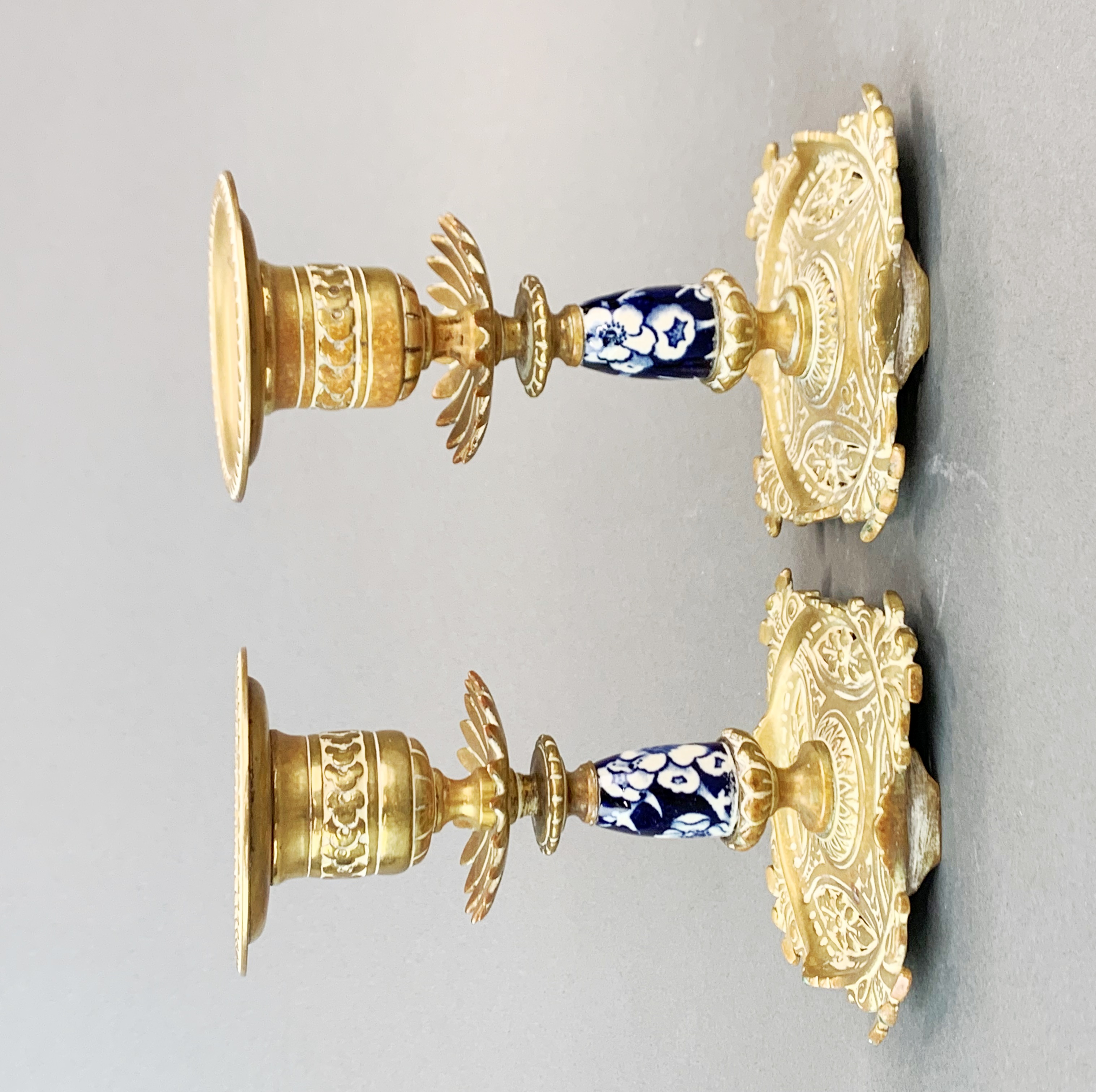 A pair of 19th Century porcelain and brass candlesticks, H. 14cm. - Image 2 of 3