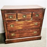 A stained hardwood five drawer chest with brass handles and corners, 87 x 83 x 45cm.