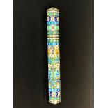 A Russian .84 silver and enamelled scroll or pen case set with two cabochon amethysts, L. 19.5cm.