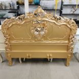 A gilt painted French style contemporary bed with side frame and slats, bed head W. 168cm.