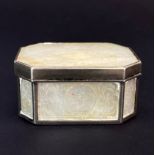 An early 20th Century Chinese engraved mother of pearl and white metal (tested silver) snuff box,