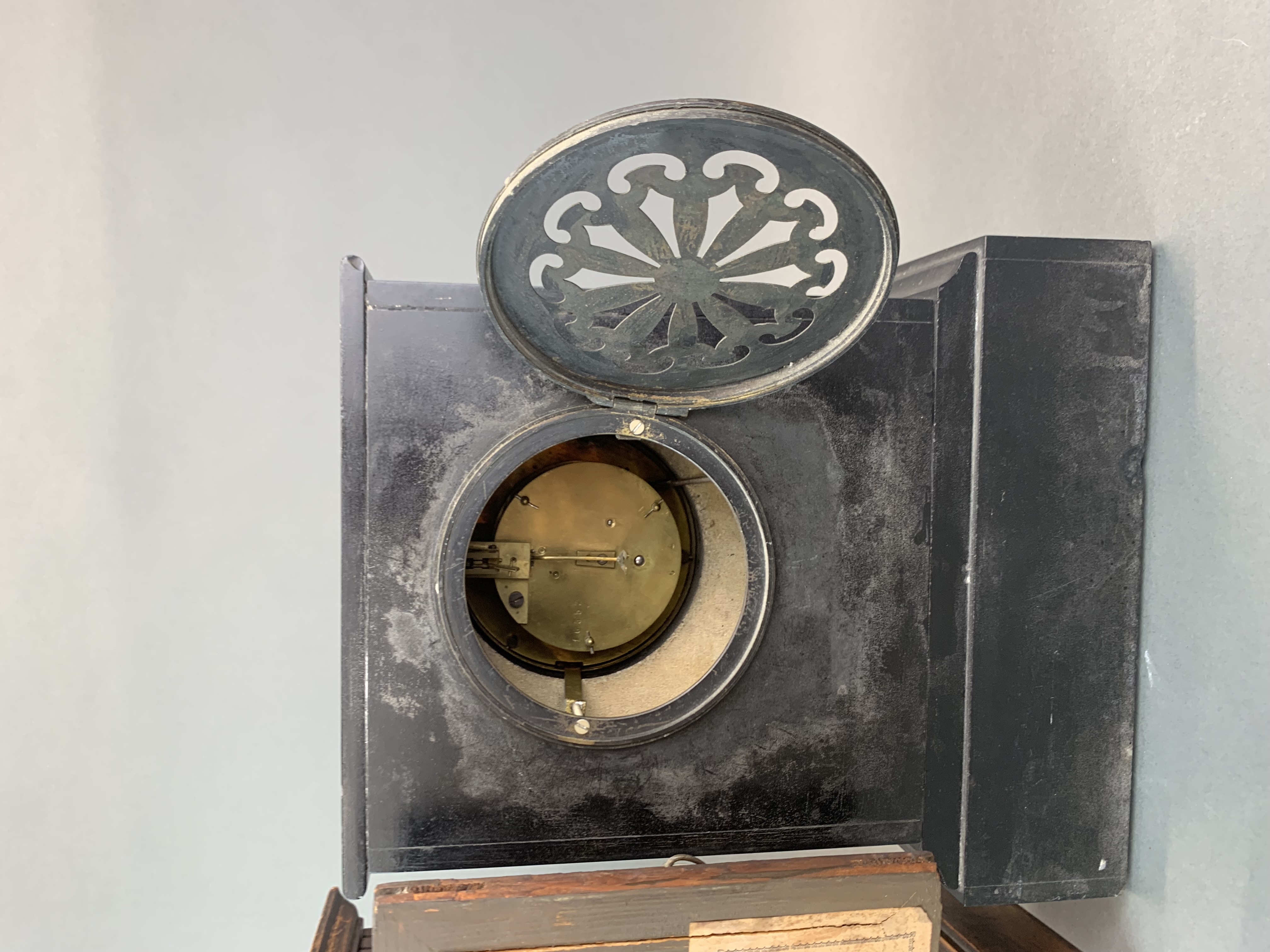 A 19th Century wooden striking mantle clock, H. 45cm. together with a French marble and slate mantle - Image 7 of 7