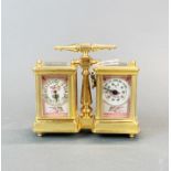 A gilt brass miniature clock and barometer, H. 10.5cm.