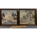 A pair of early 20th Century Japanese oak framed watercolours on woven fabric, frame size 61 x