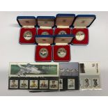 Six boxed commerative silver crowns with three first day cover stamps.