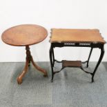 A burr walnut circular pedestal side table, Dia. 56cm H. 72cm together with a carved mahogany two-