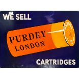 A reproduction metal advertising sign for Purdey gun cartridges, 70 x 50cm.