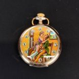 A silvered and rose gilt pocket watch with enamelled erotic decoration to the face, watch W. 5cm.