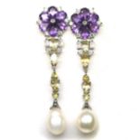 A pair of 925 silver flower shaped earrings set with amethysts, citrines and pearls, L. 5.7cm.